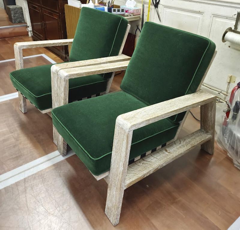 Jean Royère - Jean Royere Documented Pair Of Cerused Oak Lounge Chairs