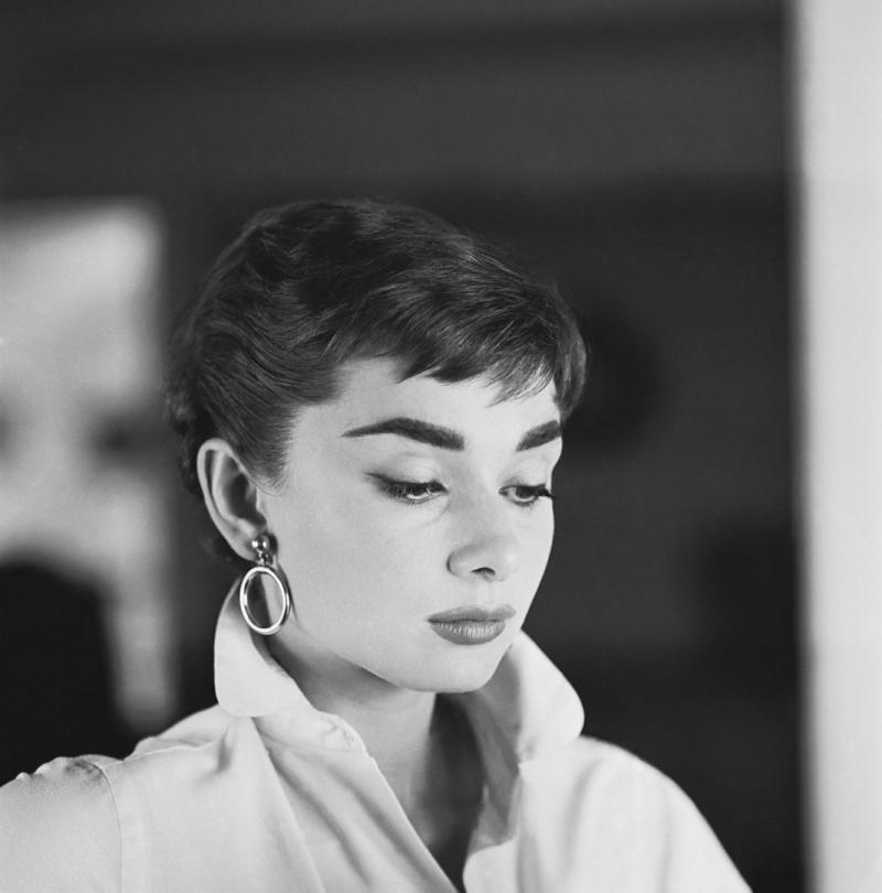 Mark Shaw Mark Shaw AUDREY HEPBURN WHITE SHIRT PORTRAIT GLANCES DOWN 1954