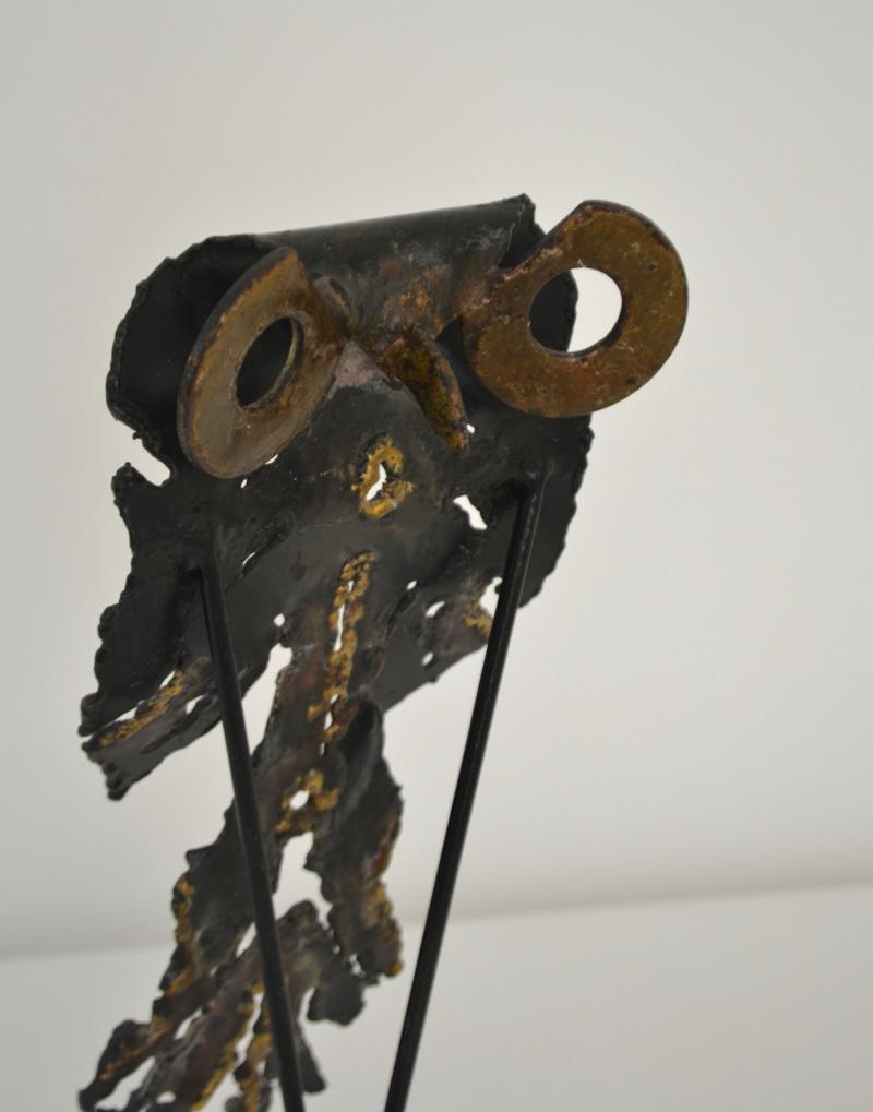 Mid Century Brutalist Metal Owl Form Sculpture 1991
