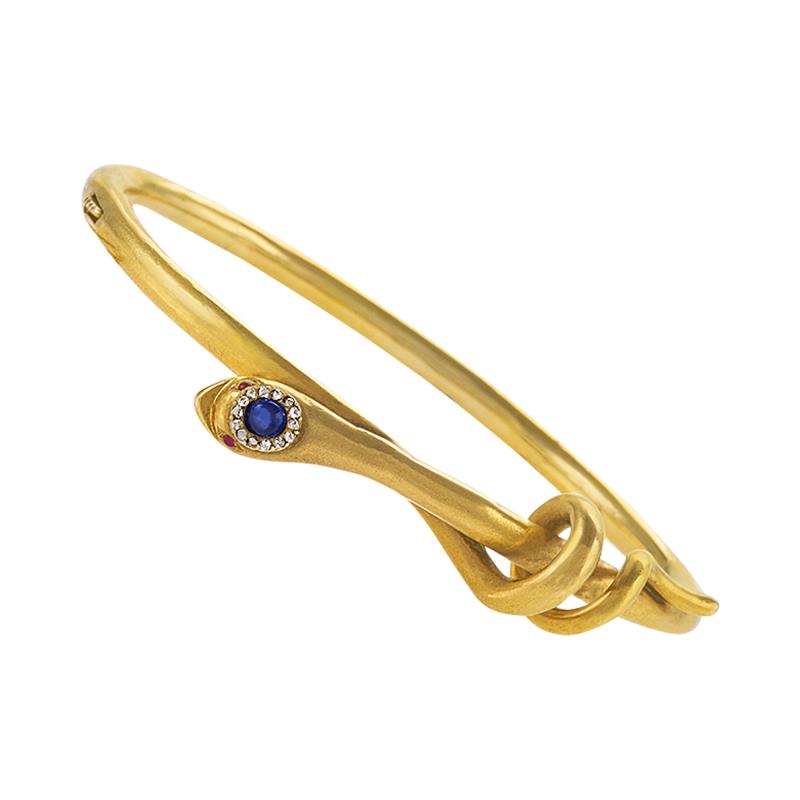 Victorian Gold Snake Bangle with Diamond, Sapphire and Ruby