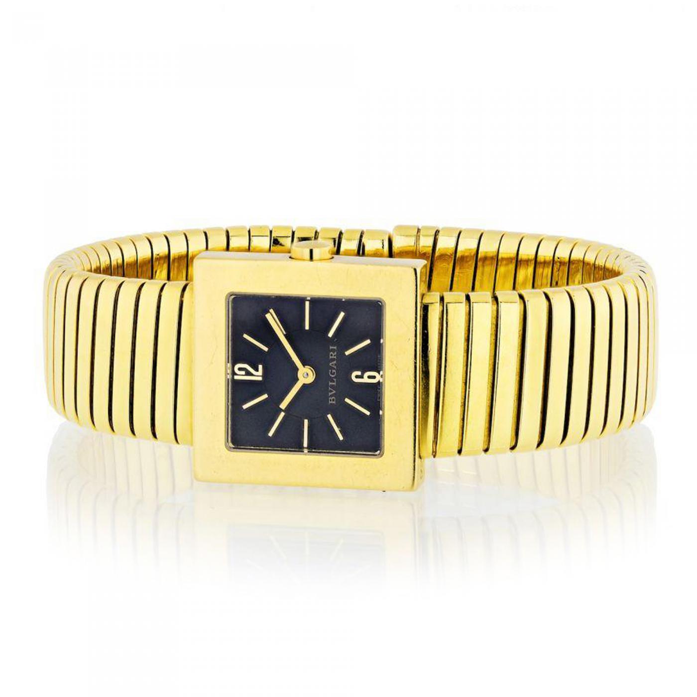 Bvlgari (Bulgari) - BVLGARI TUBOGAS 18K YELLOW GOLD BLACK SQUARE DIAL VINTAGE  WATCH