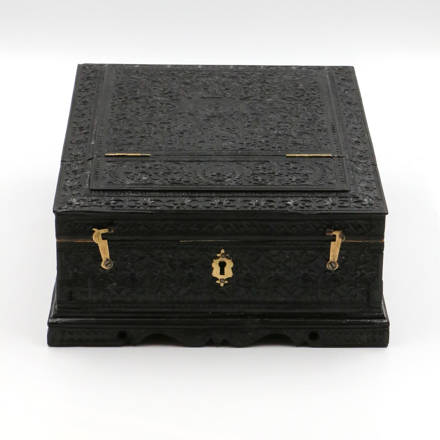 Ornately Carved Anglo-indian Solid Ebony Box With Concealed Mirror