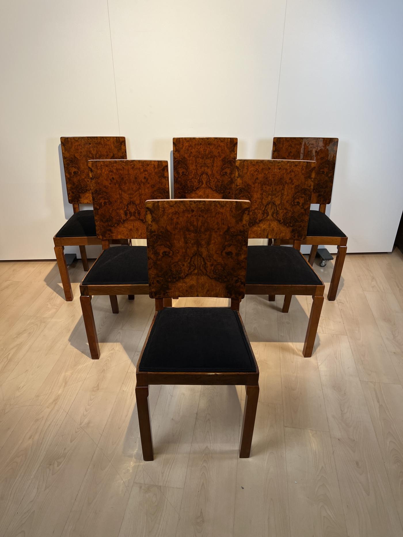 Set Of Six Art Deco Dining Chairs Walnut Roots Veneer France Circa 1930 9074