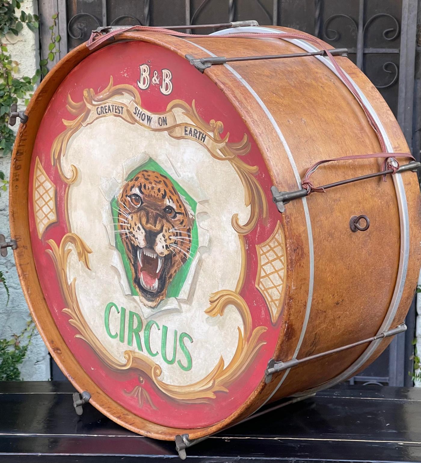 Vintage B & B Circus Drum W Tiger Painting