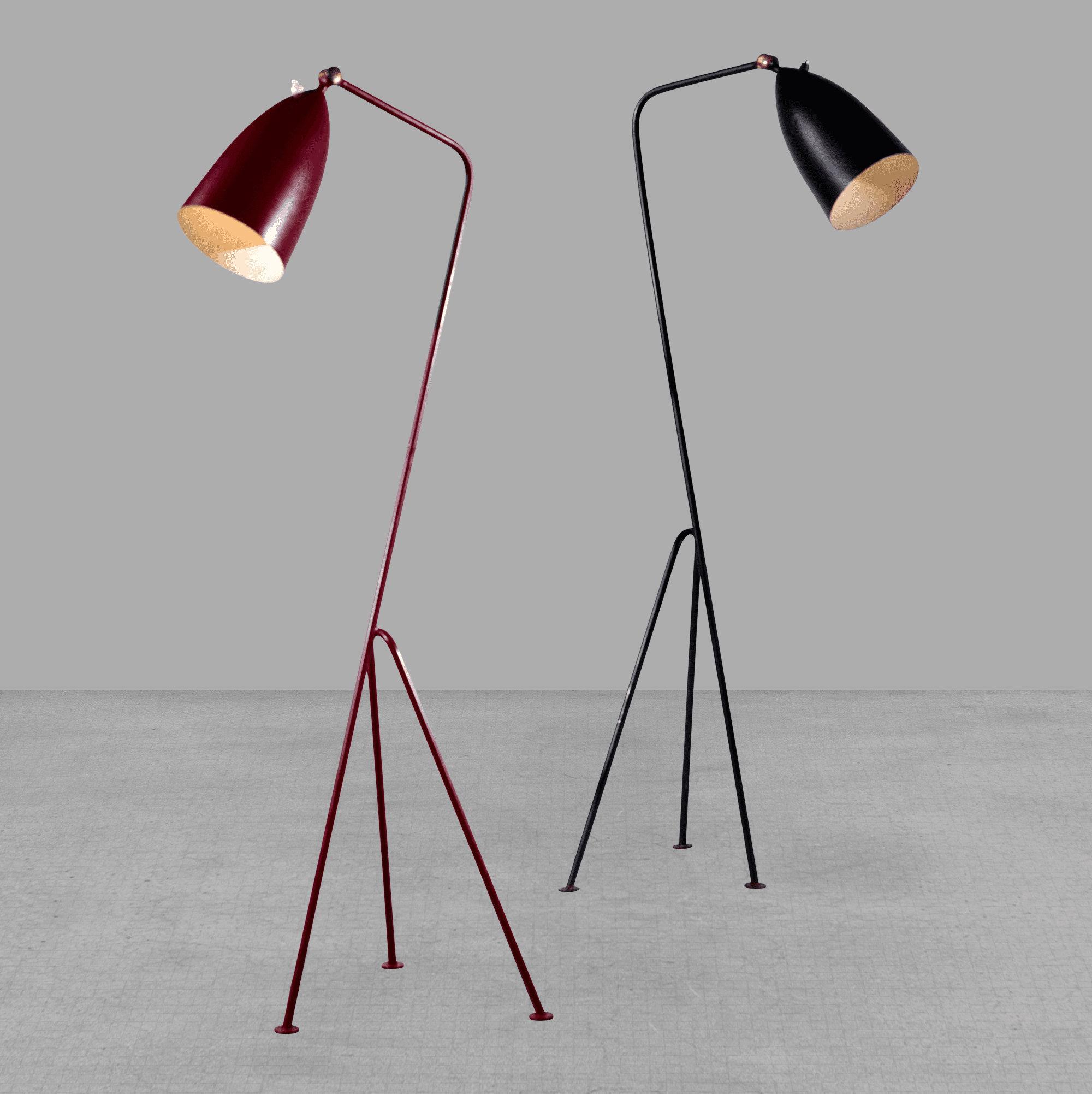 Floor lamp model G-33, red. “Grasshopper,” Greta Magnusson-Grossman, 1950. Offered by The Exchange Int.