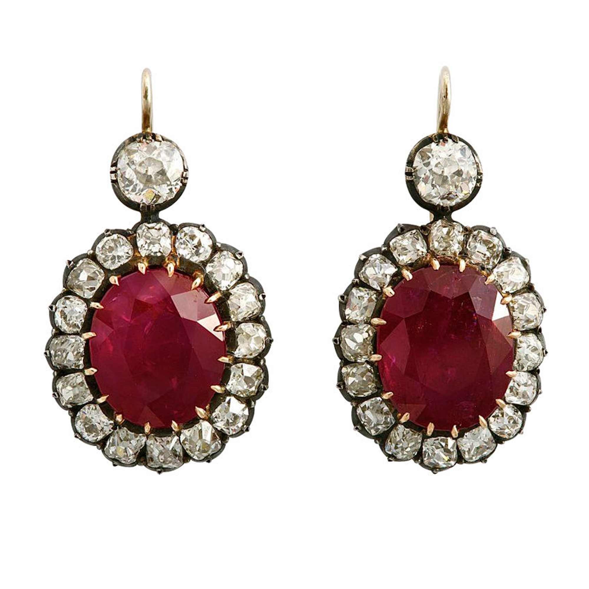 Certified Burma Ruby Diamond Cluster Ear Pendants, England, 1880. Offered by Pat Saling.