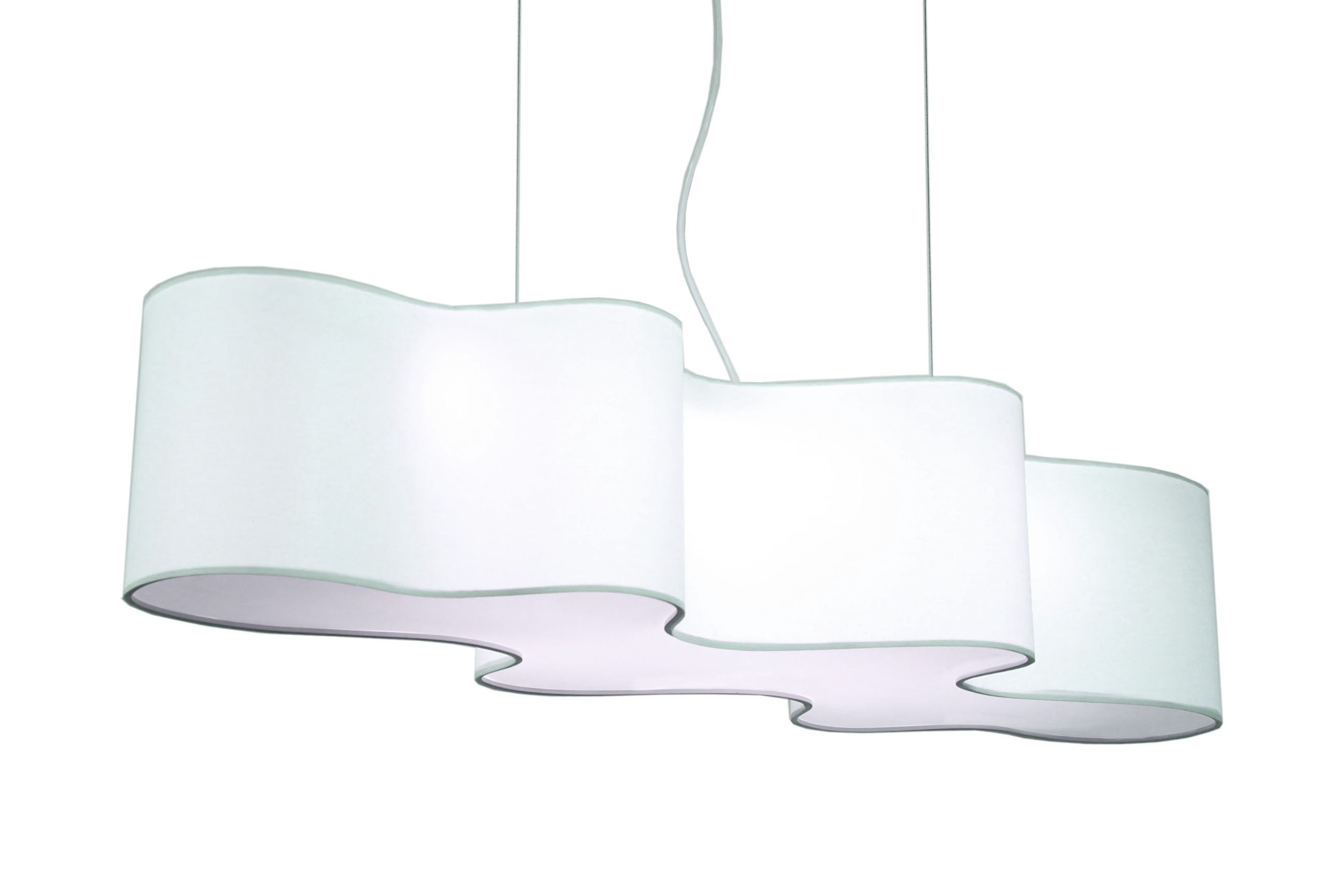 Cloud Mesa pendant, aluminum, white linen, polycarbonate. Offered by Lampa LLC.